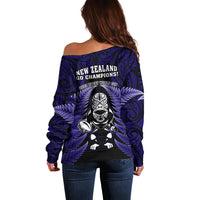 New Zealand Aotearoa Rugby Off Shoulder Sweater NZ Tiki With Maori Fern World Cup Blue Version LT14 - Polynesian Pride