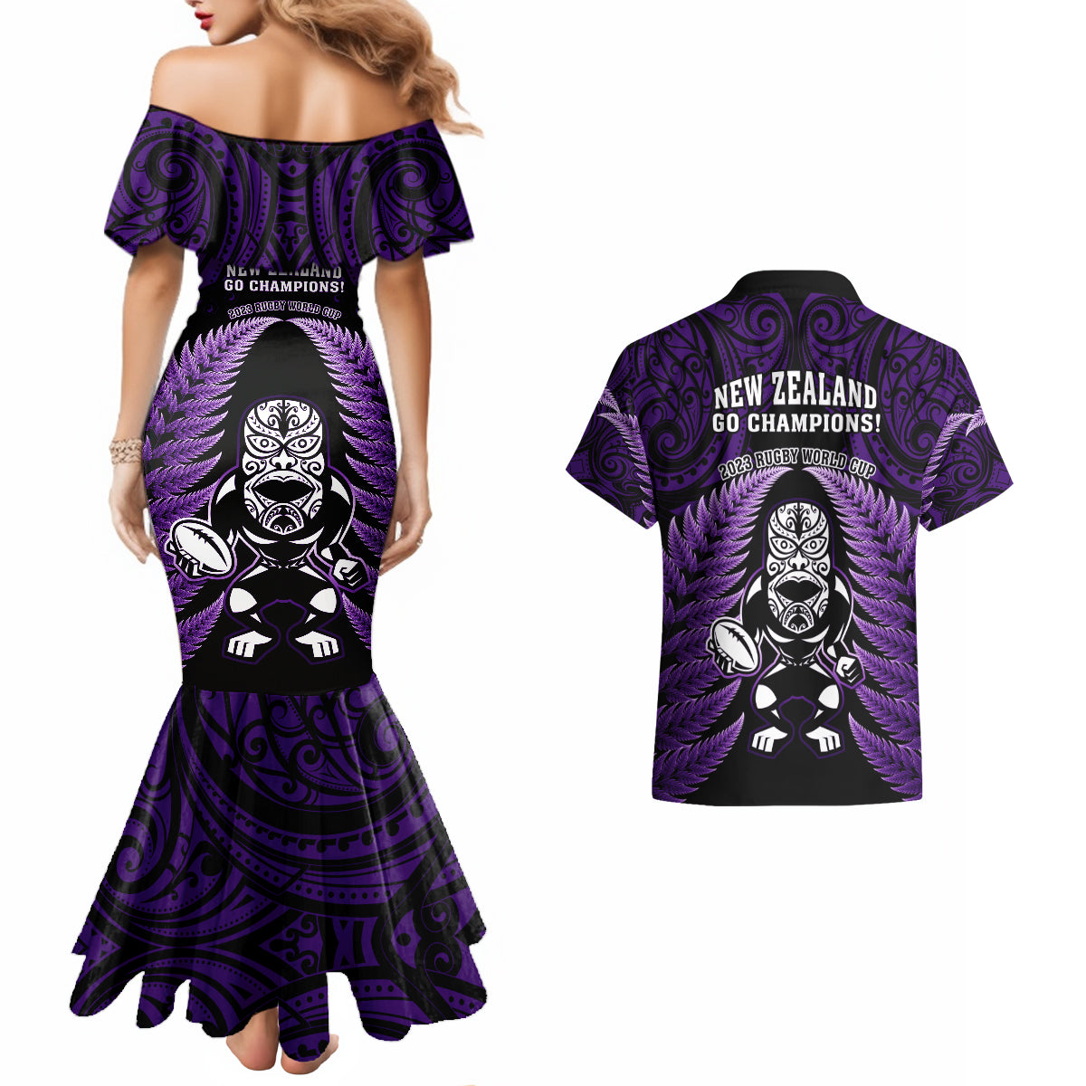 New Zealand Aotearoa Rugby Couples Matching Mermaid Dress and Hawaiian Shirt NZ Tiki With Maori Fern World Cup Purple Version LT14 - Polynesian Pride