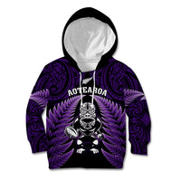 New Zealand Aotearoa Rugby Kid Hoodie NZ Tiki With Maori Fern World Cup Purple Version LT14 Hoodie Purple - Polynesian Pride