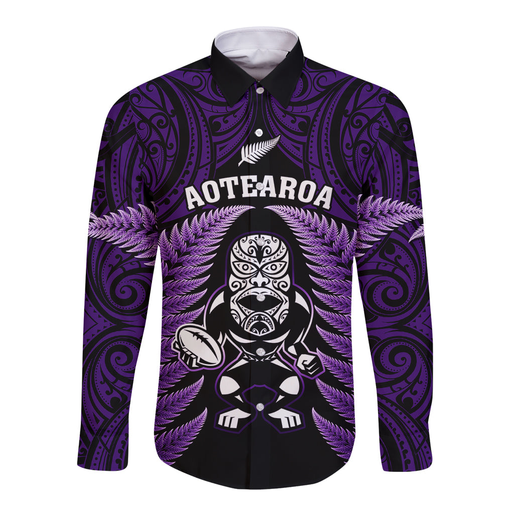 New Zealand Aotearoa Rugby Long Sleeve Button Shirt NZ Tiki With Maori Fern World Cup Purple Version LT14 Unisex Purple - Polynesian Pride
