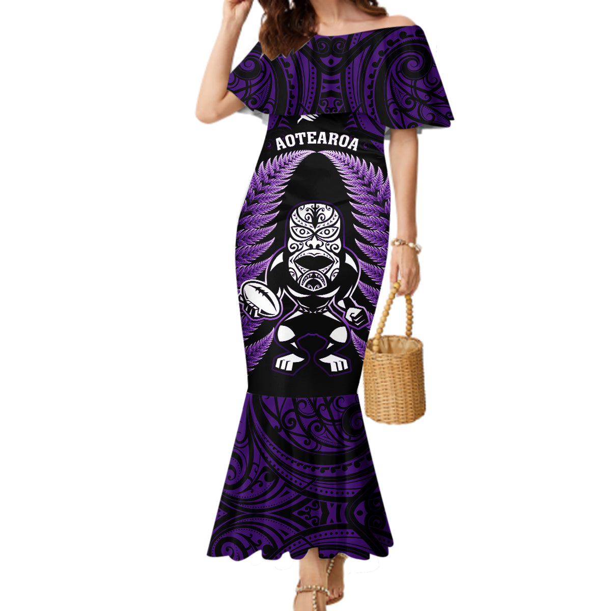 New Zealand Aotearoa Rugby Mermaid Dress NZ Tiki With Maori Fern World Cup Purple Version LT14 Women Purple - Polynesian Pride