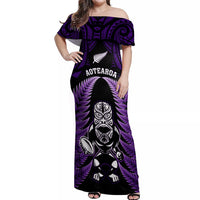 New Zealand Aotearoa Rugby Off Shoulder Maxi Dress NZ Tiki With Maori Fern World Cup Purple Version LT14 Women Purple - Polynesian Pride