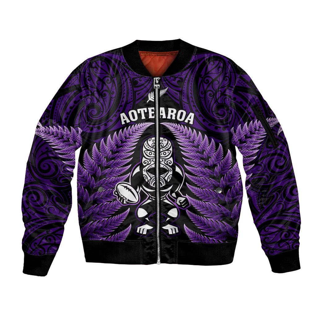New Zealand Aotearoa Rugby Sleeve Zip Bomber Jacket NZ Tiki With Maori Fern World Cup Purple Version LT14 Unisex Purple - Polynesian Pride