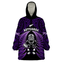 New Zealand Aotearoa Rugby Wearable Blanket Hoodie NZ Tiki With Maori Fern World Cup Purple Version LT14 One Size Purple - Polynesian Pride