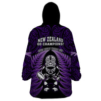New Zealand Aotearoa Rugby Wearable Blanket Hoodie NZ Tiki With Maori Fern World Cup Purple Version LT14 - Polynesian Pride
