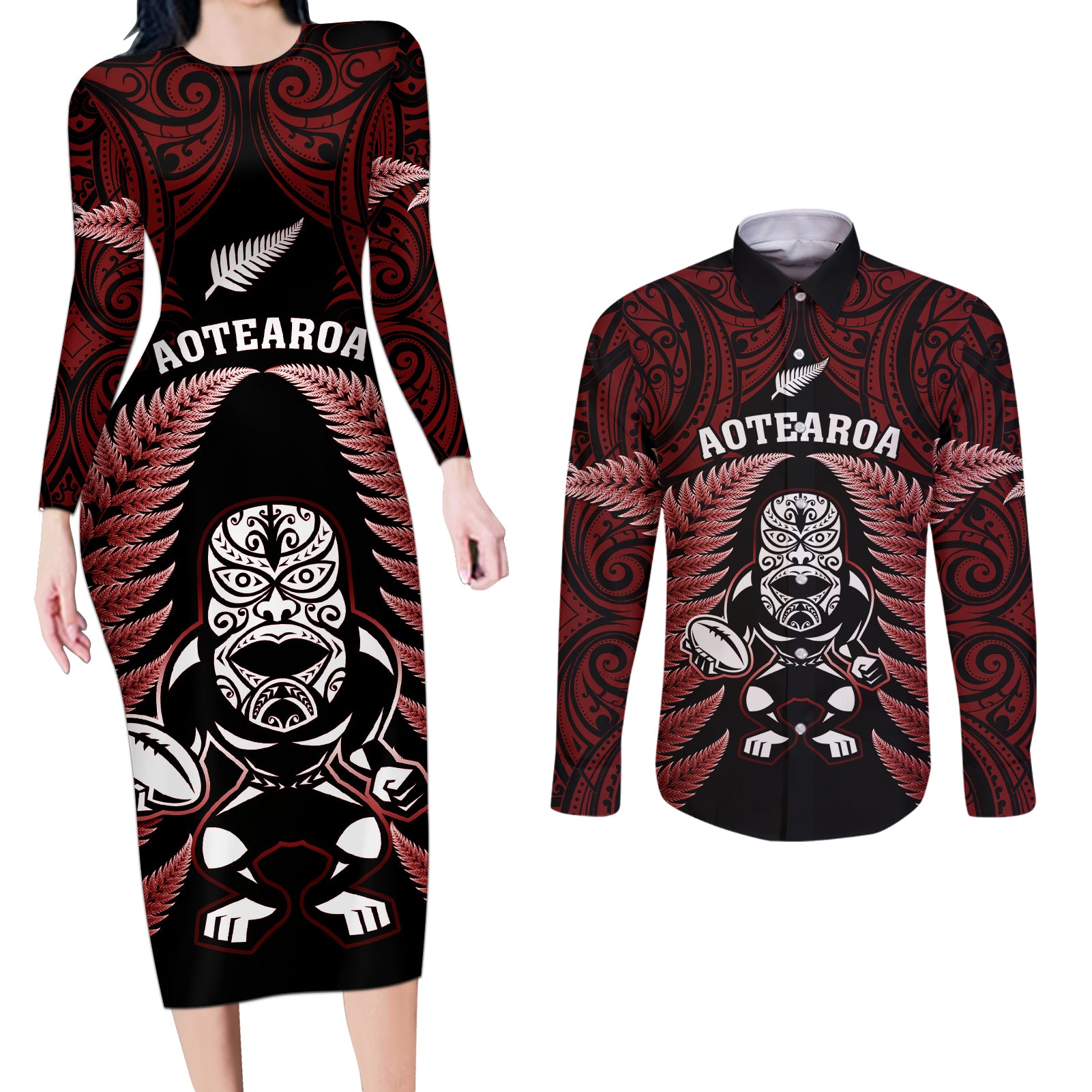 New Zealand Aotearoa Rugby Couples Matching Long Sleeve Bodycon Dress and Long Sleeve Button Shirts NZ Tiki With Maori Fern World Cup Red Version LT14 Red - Polynesian Pride