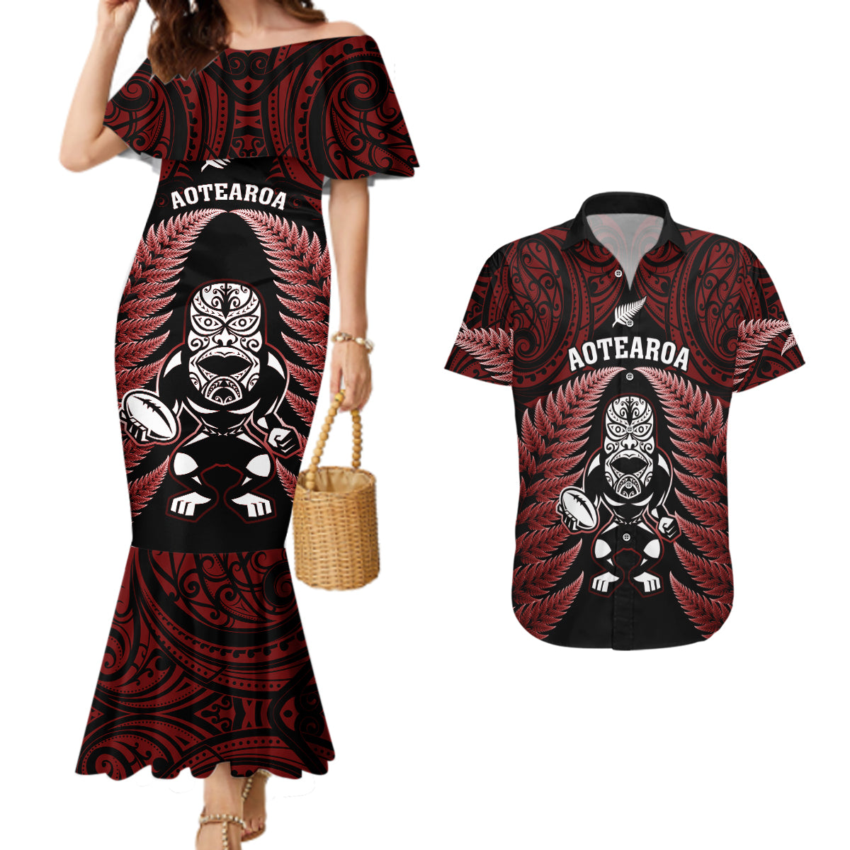 New Zealand Aotearoa Rugby Couples Matching Mermaid Dress and Hawaiian Shirt NZ Tiki With Maori Fern World Cup Red Version LT14 Red - Polynesian Pride