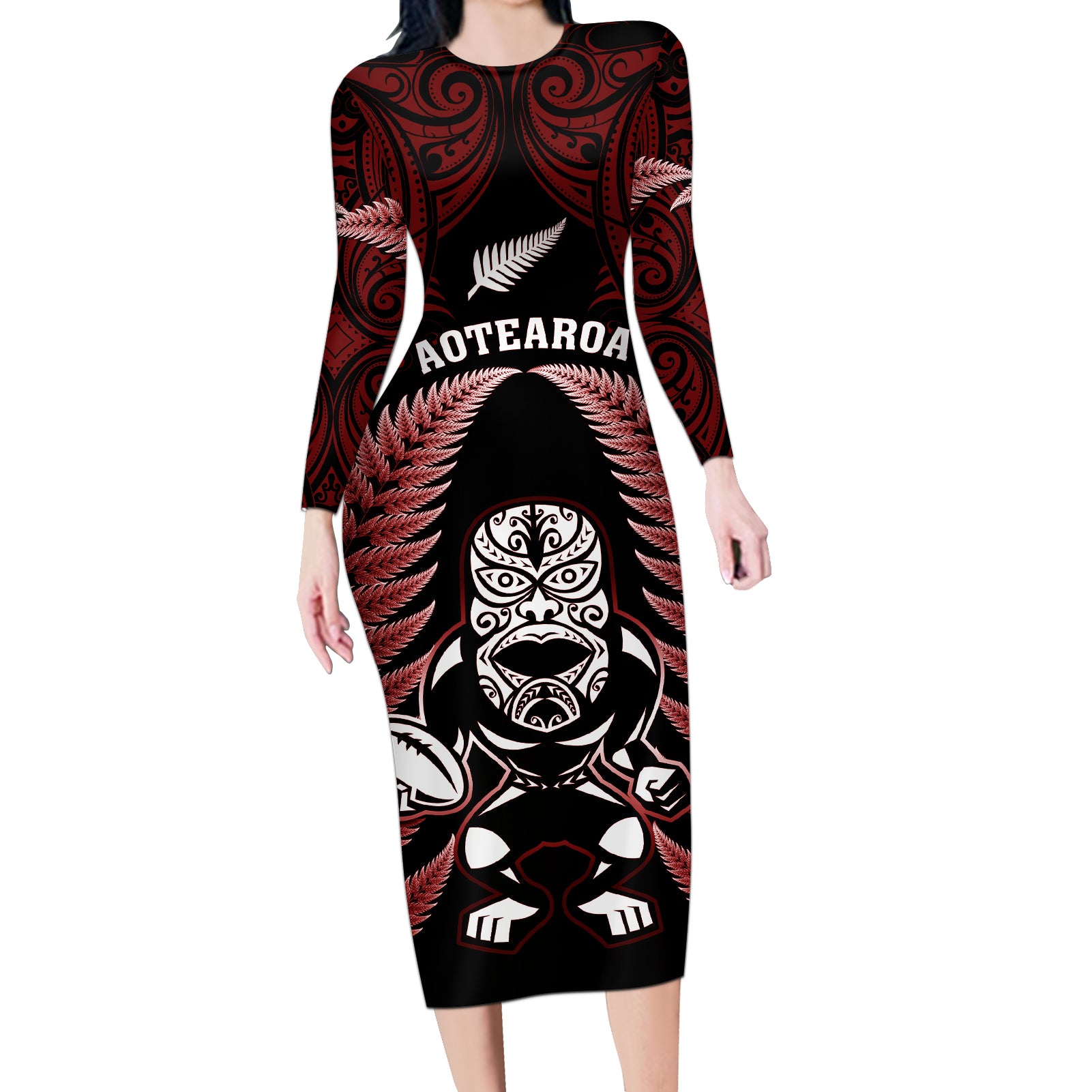 New Zealand Aotearoa Rugby Long Sleeve Bodycon Dress NZ Tiki With Maori Fern World Cup Red Version LT14 Long Dress Red - Polynesian Pride