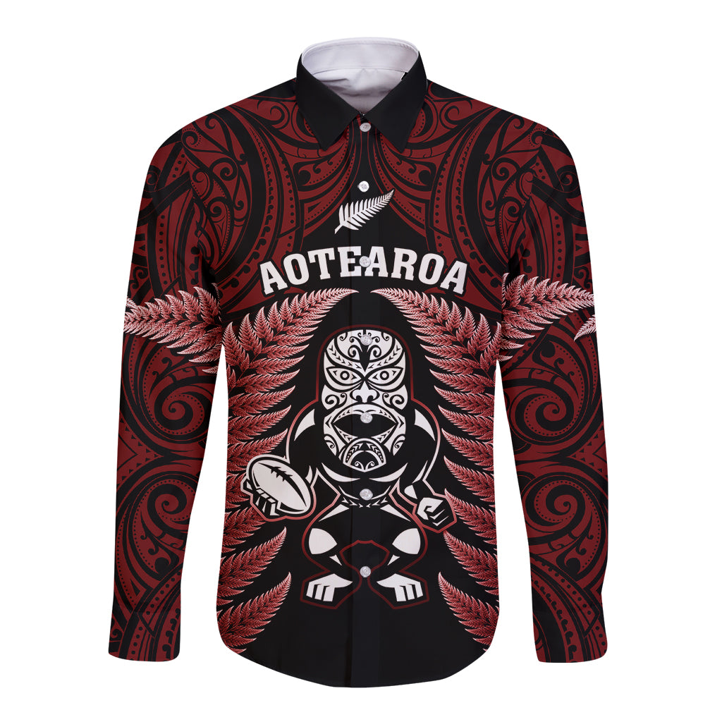 New Zealand Aotearoa Rugby Long Sleeve Button Shirt NZ Tiki With Maori Fern World Cup Red Version LT14 Unisex Red - Polynesian Pride