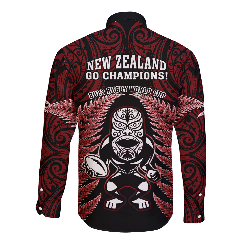New Zealand Aotearoa Rugby Long Sleeve Button Shirt NZ Tiki With Maori Fern World Cup Red Version LT14 - Polynesian Pride