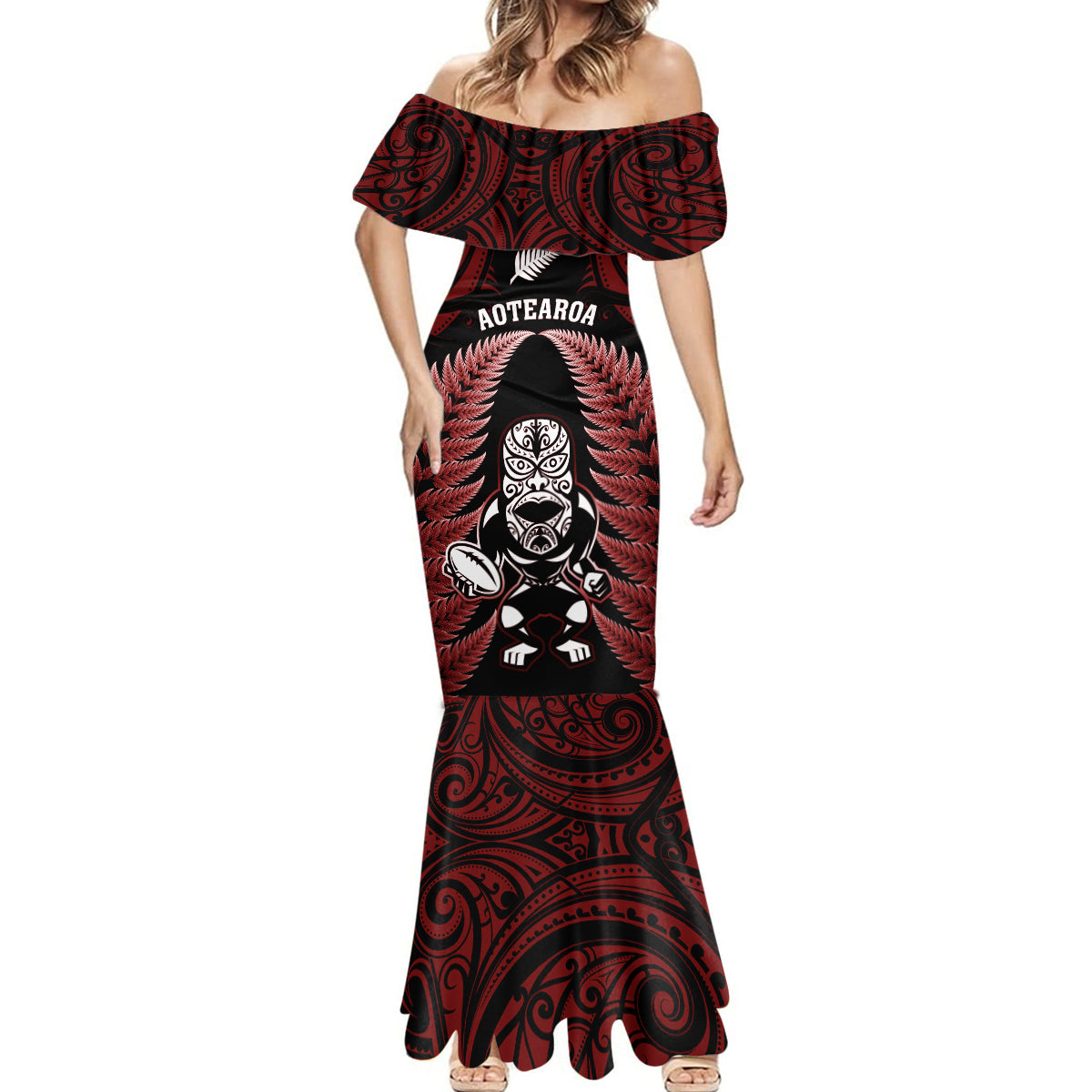 New Zealand Aotearoa Rugby Mermaid Dress NZ Tiki With Maori Fern World Cup Red Version LT14 - Polynesian Pride