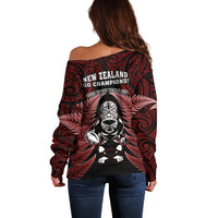 New Zealand Aotearoa Rugby Off Shoulder Sweater NZ Tiki With Maori Fern World Cup Red Version LT14 - Polynesian Pride