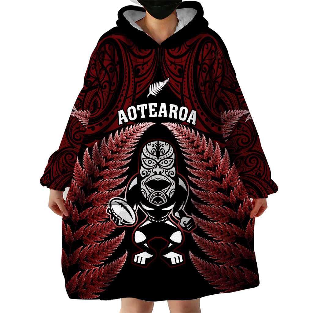 New Zealand Aotearoa Rugby Wearable Blanket Hoodie NZ Tiki With Maori Fern World Cup Red Version LT14 - Polynesian Pride