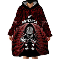 New Zealand Aotearoa Rugby Wearable Blanket Hoodie NZ Tiki With Maori Fern World Cup Red Version LT14 - Polynesian Pride