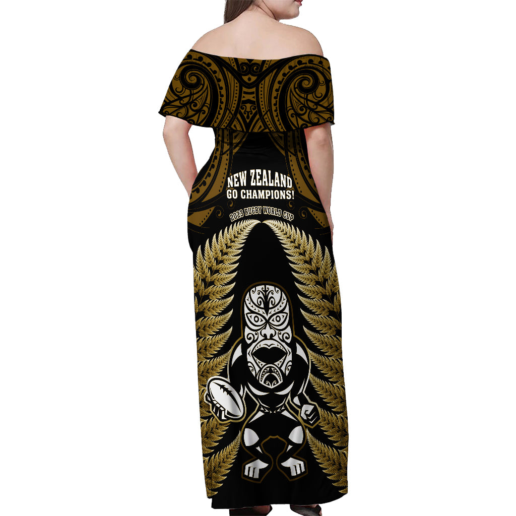 New Zealand Aotearoa Rugby Off Shoulder Maxi Dress NZ Tiki With Maori Fern World Cup Gold Version LT14 - Polynesian Pride