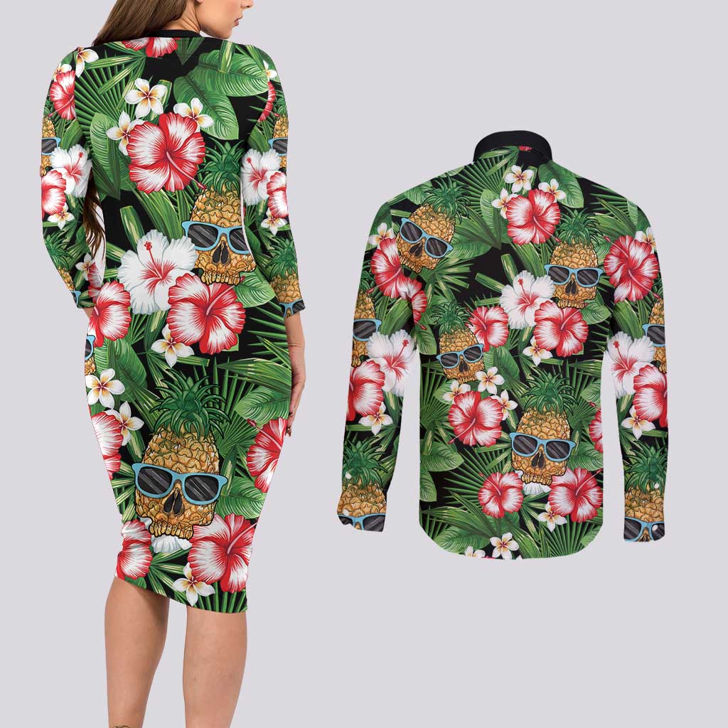 Pineapple Skull Aloha Hawaii Couples Matching Long Sleeve Bodycon Dress and Long Sleeve Button Shirt Summer Vibes Tropical Seamless Pattern - Polynesian Pride