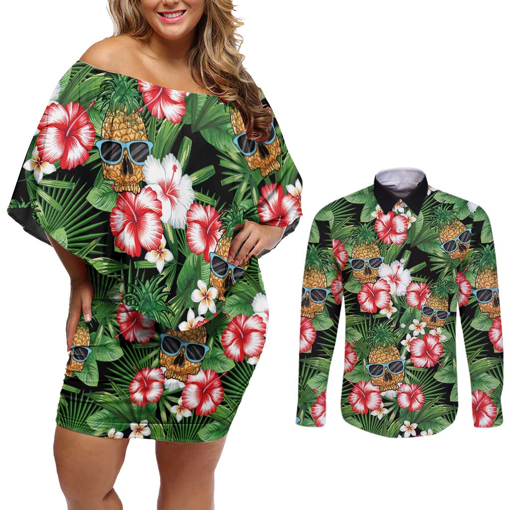 Pineapple Skull Aloha Hawaii Couples Matching Off Shoulder Short Dress and Long Sleeve Button Shirt Summer Vibes Tropical Seamless Pattern - Polynesian Pride