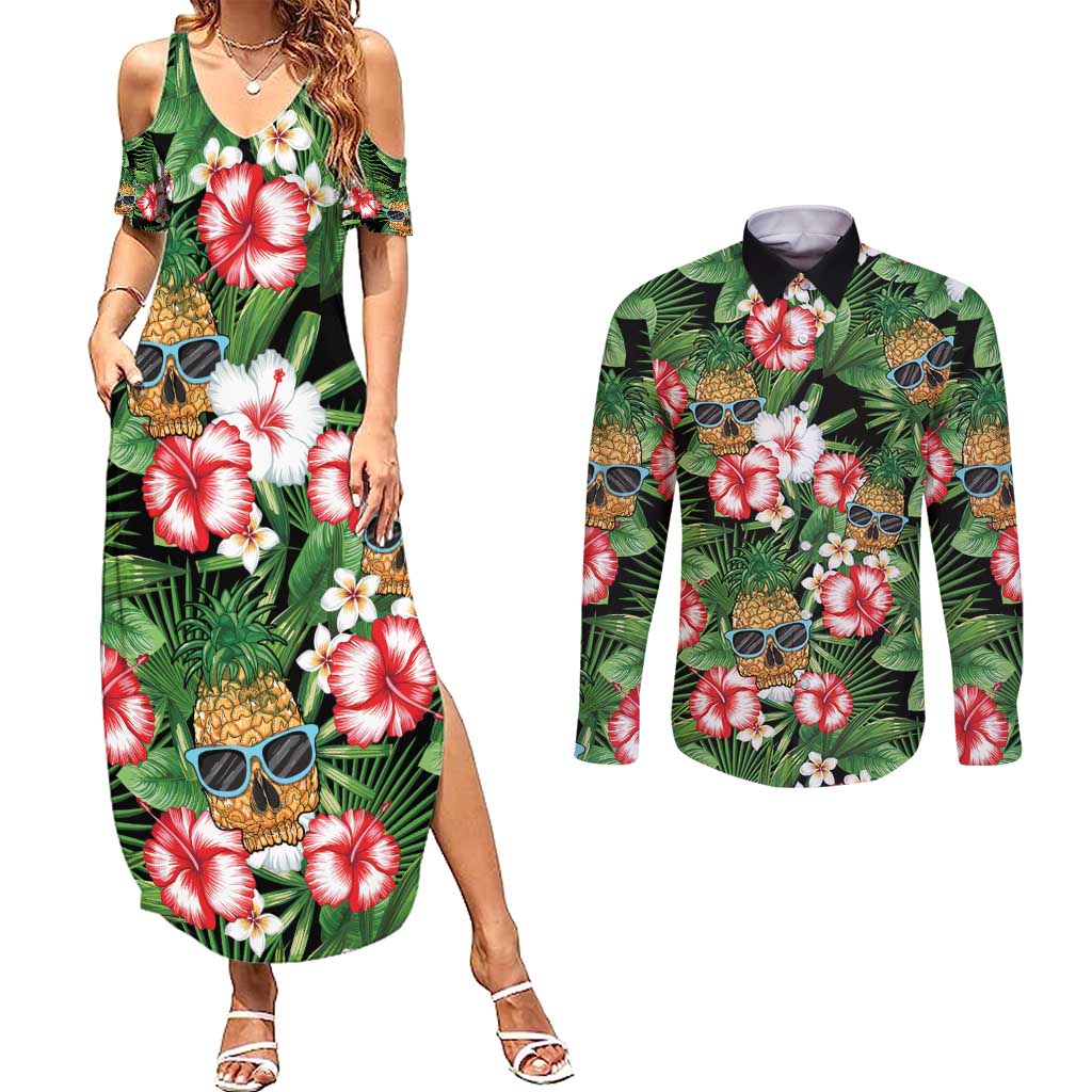 Pineapple Skull Aloha Hawaii Couples Matching Summer Maxi Dress and Long Sleeve Button Shirt Summer Vibes Tropical Seamless Pattern - Polynesian Pride