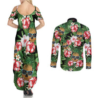 Pineapple Skull Aloha Hawaii Couples Matching Summer Maxi Dress and Long Sleeve Button Shirt Summer Vibes Tropical Seamless Pattern - Polynesian Pride