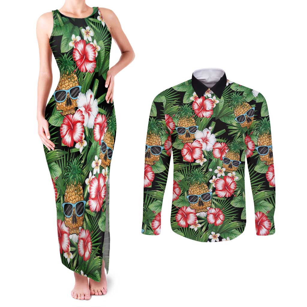 Pineapple Skull Aloha Hawaii Couples Matching Tank Maxi Dress and Long Sleeve Button Shirt Summer Vibes Tropical Seamless Pattern - Polynesian Pride