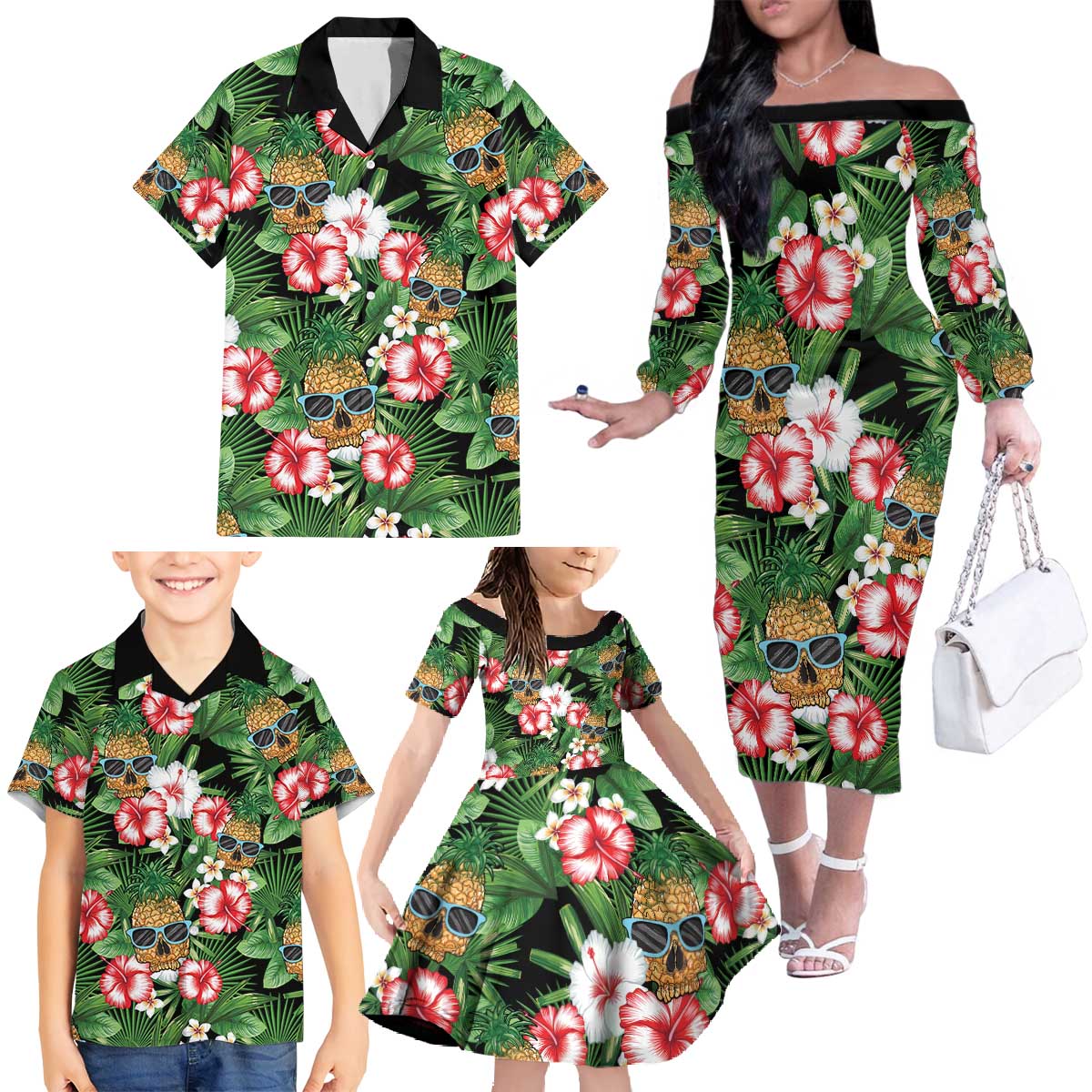 Pineapple Skull Aloha Hawaii Family Matching Off The Shoulder Long Sleeve Dress and Hawaiian Shirt Summer Vibes Tropical Seamless Pattern - Polynesian Pride