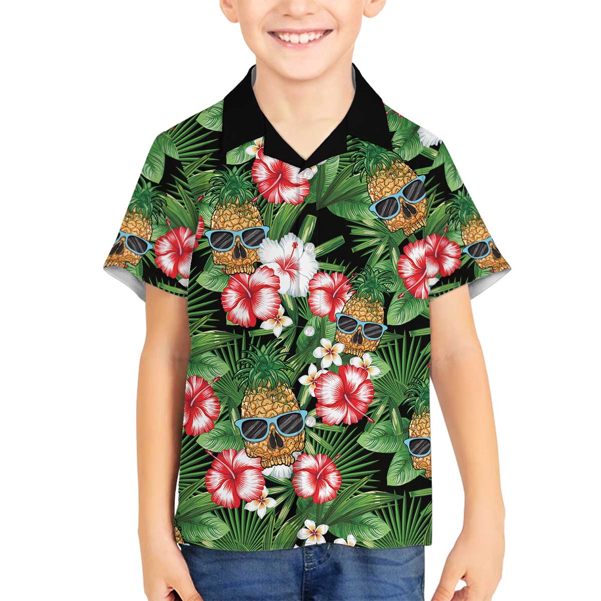 Pineapple Skull Aloha Hawaii Family Matching Off The Shoulder Long Sleeve Dress and Hawaiian Shirt Summer Vibes Tropical Seamless Pattern - Polynesian Pride