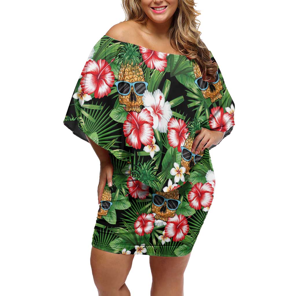 Pineapple Skull Aloha Hawaii Family Matching Off Shoulder Short Dress and Hawaiian Shirt Summer Vibes Tropical Seamless Pattern - Polynesian Pride