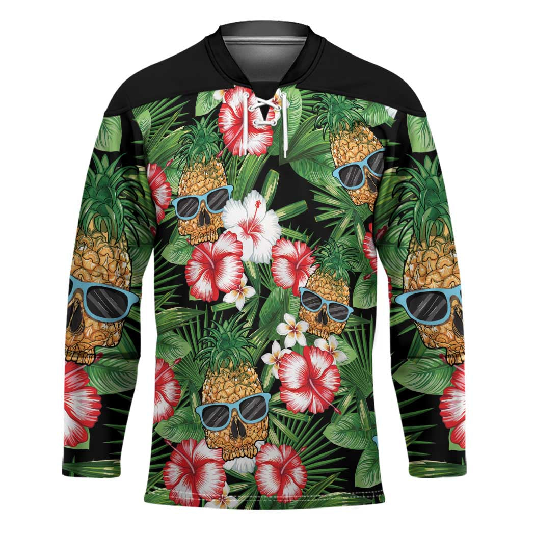 Pineapple Skull Aloha Hawaii Hockey Jersey Summer Vibes Tropical Seamless Pattern LT14 Unisex Black - Polynesian Pride