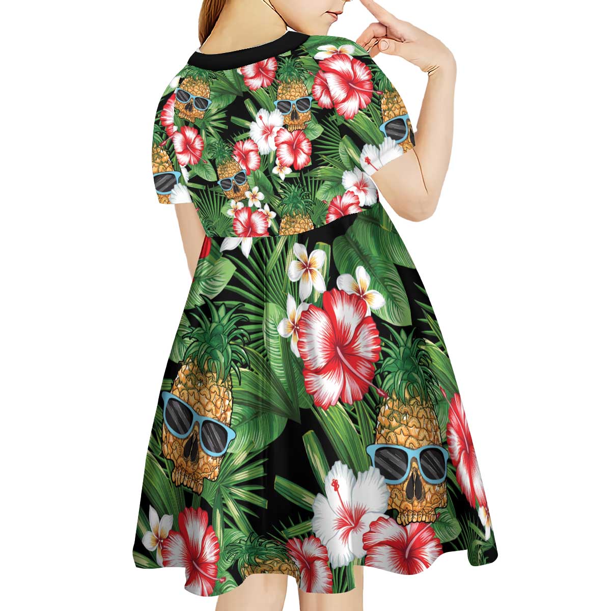 Pineapple Skull Aloha Hawaii Kid Short Sleeve Dress Summer Vibes Tropical Seamless Pattern - Polynesian Pride