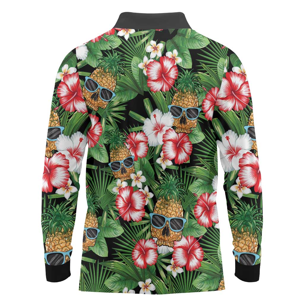 Pineapple Skull Aloha Hawaii Long Sleeve Polo Shirt Summer Vibes Tropical Seamless Pattern - Polynesian Pride