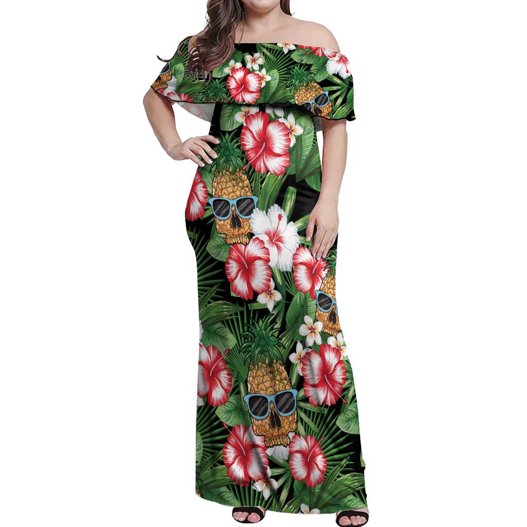 Pineapple Skull Aloha Hawaii Off Shoulder Maxi Dress Summer Vibes Tropical Seamless Pattern - Polynesian Pride
