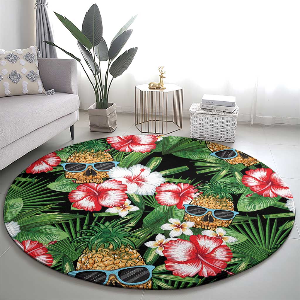 Pineapple Skull Aloha Hawaii Round Carpet Summer Vibes Tropical Seamless Pattern - Polynesian Pride