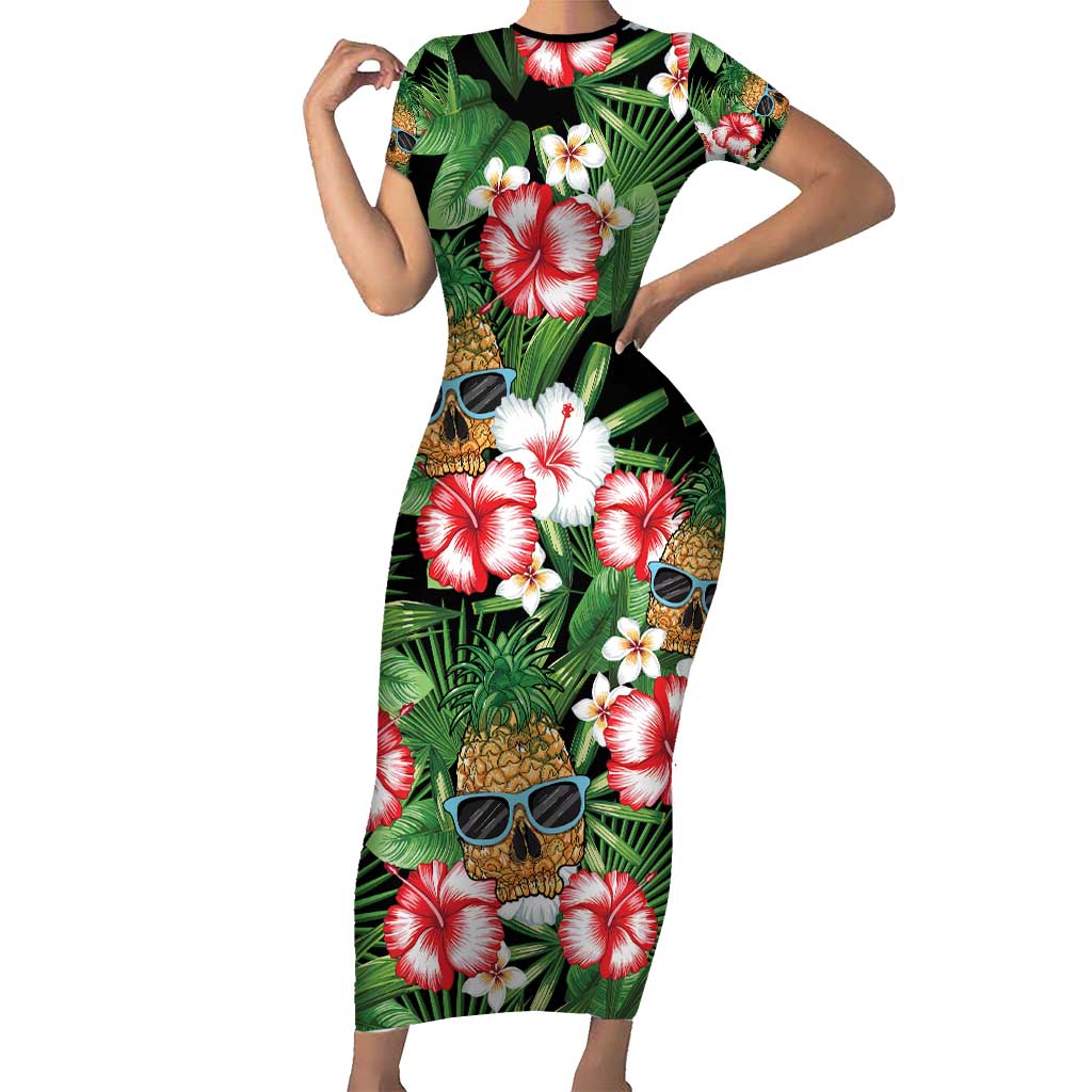 Pineapple Skull Aloha Hawaii Short Sleeve Bodycon Dress Summer Vibes Tropical Seamless Pattern - Polynesian Pride