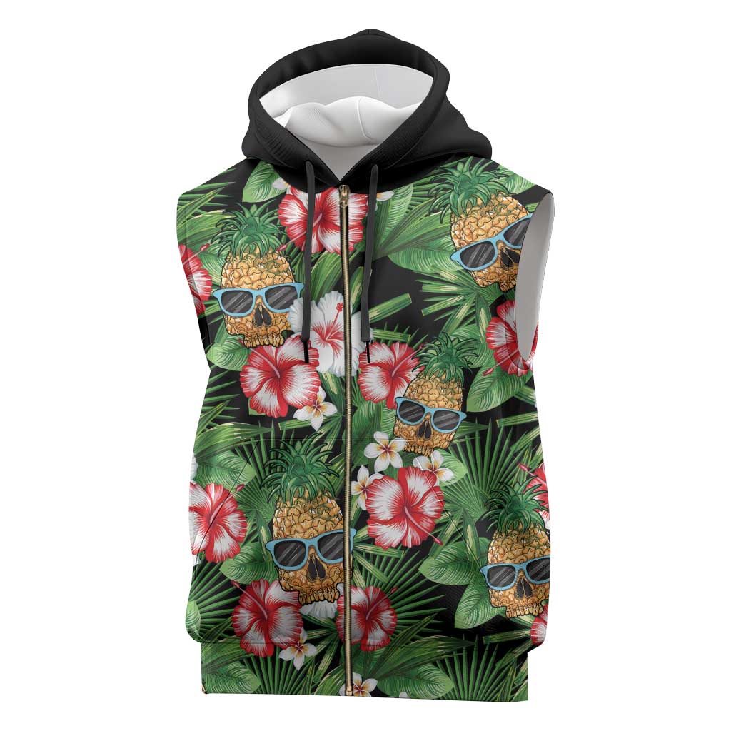 Pineapple Skull Aloha Hawaii Sleeveless Zip Hoodie Summer Vibes Tropical Seamless Pattern - Polynesian Pride