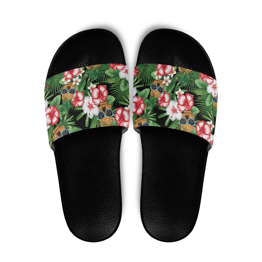 Pineapple Skull Aloha Hawaii Slide Sandals Summer Vibes Tropical Seamless Pattern LT14 Black - Polynesian Pride