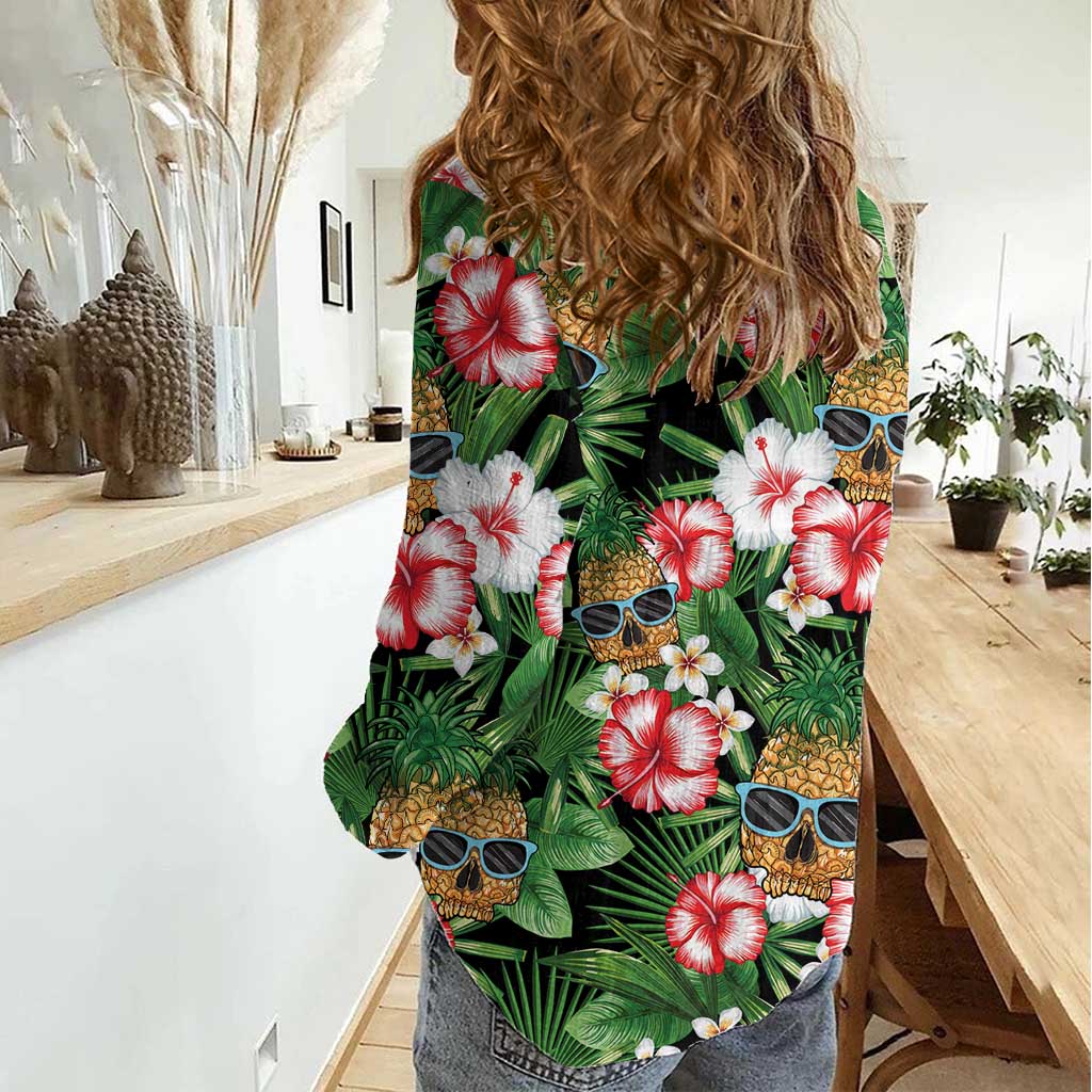 Pineapple Skull Aloha Hawaii Women Casual Shirt Summer Vibes Tropical Seamless Pattern - Polynesian Pride