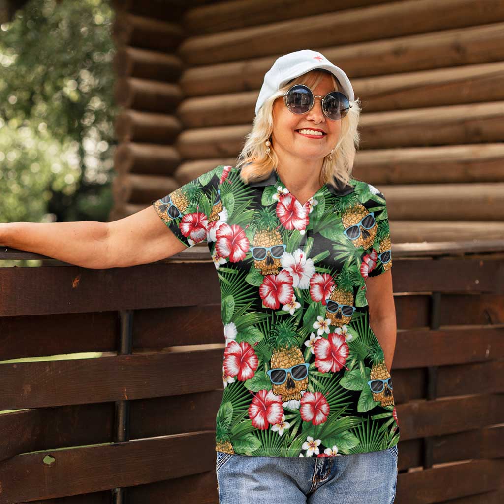 Pineapple Skull Aloha Hawaii Women Polo Shirt Summer Vibes Tropical Seamless Pattern - Polynesian Pride