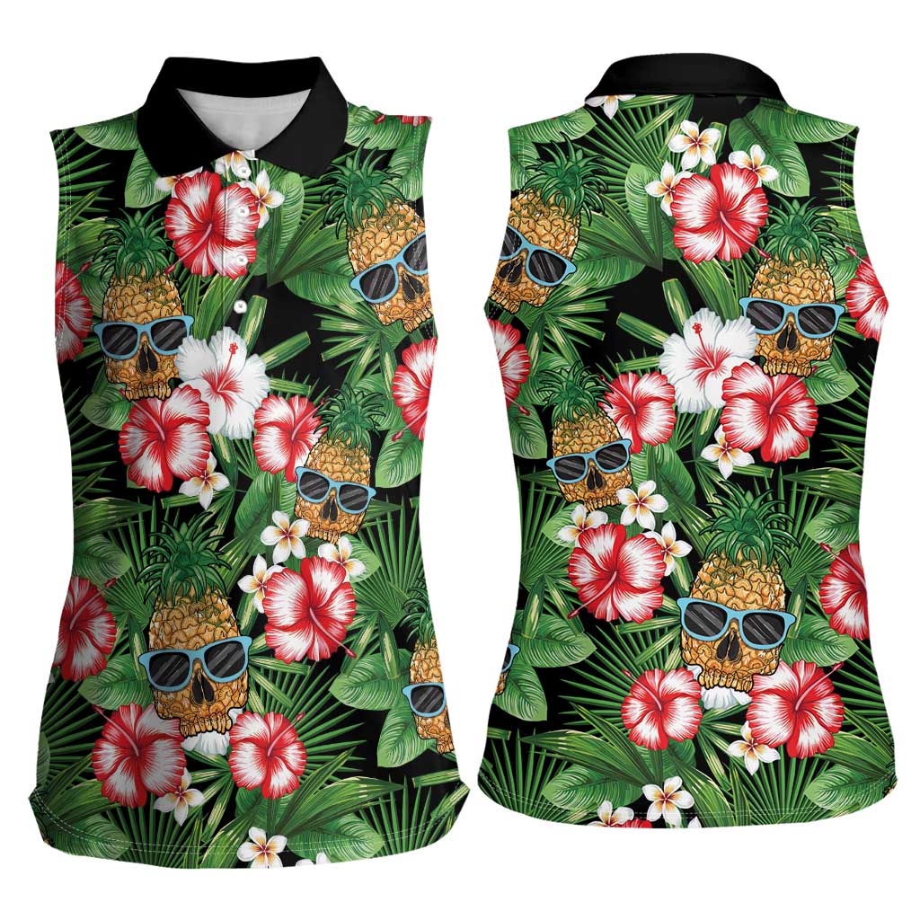 Pineapple Skull Aloha Hawaii Women Sleeveless Polo Shirt Summer Vibes Tropical Seamless Pattern - Polynesian Pride