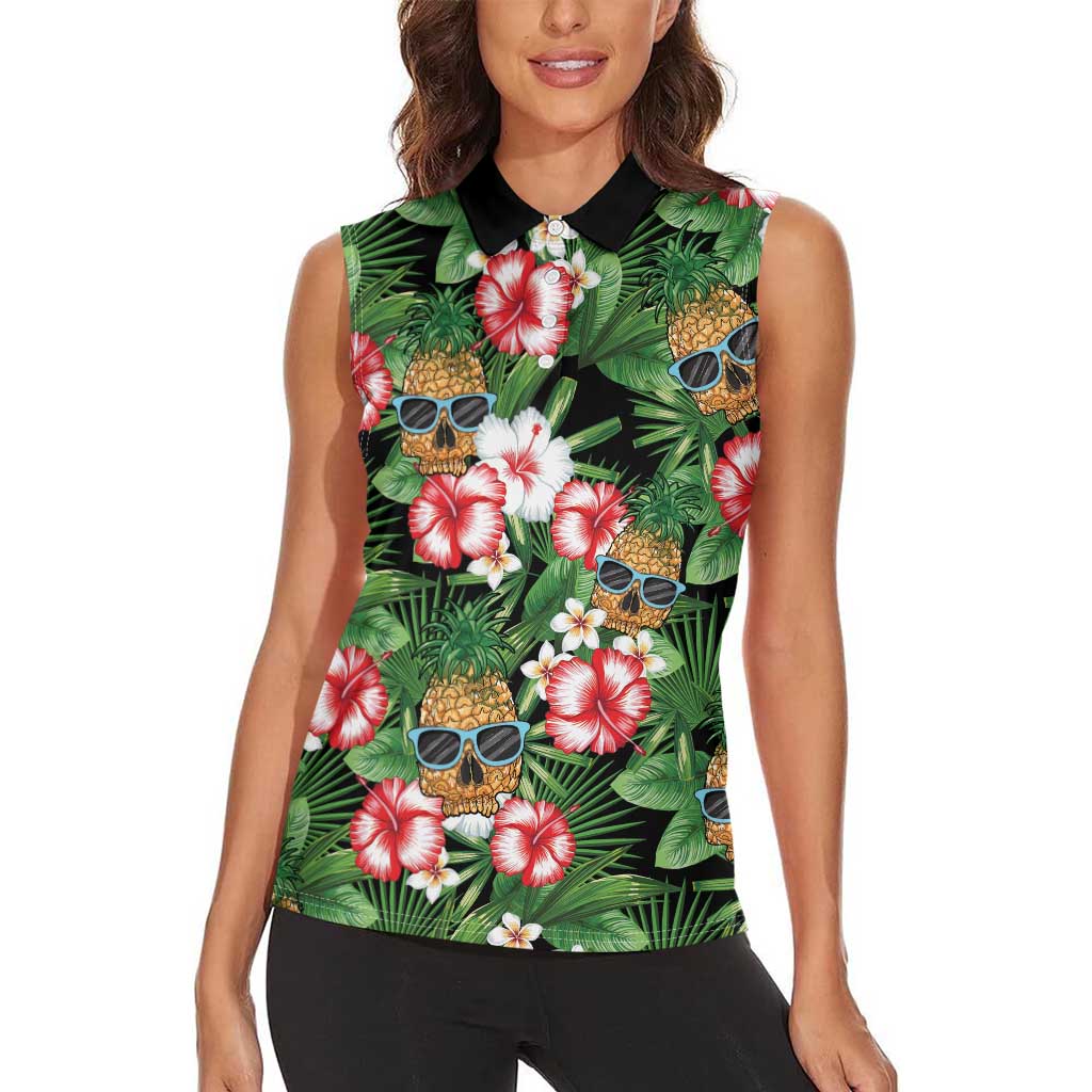 Pineapple Skull Aloha Hawaii Women Sleeveless Polo Shirt Summer Vibes Tropical Seamless Pattern - Polynesian Pride