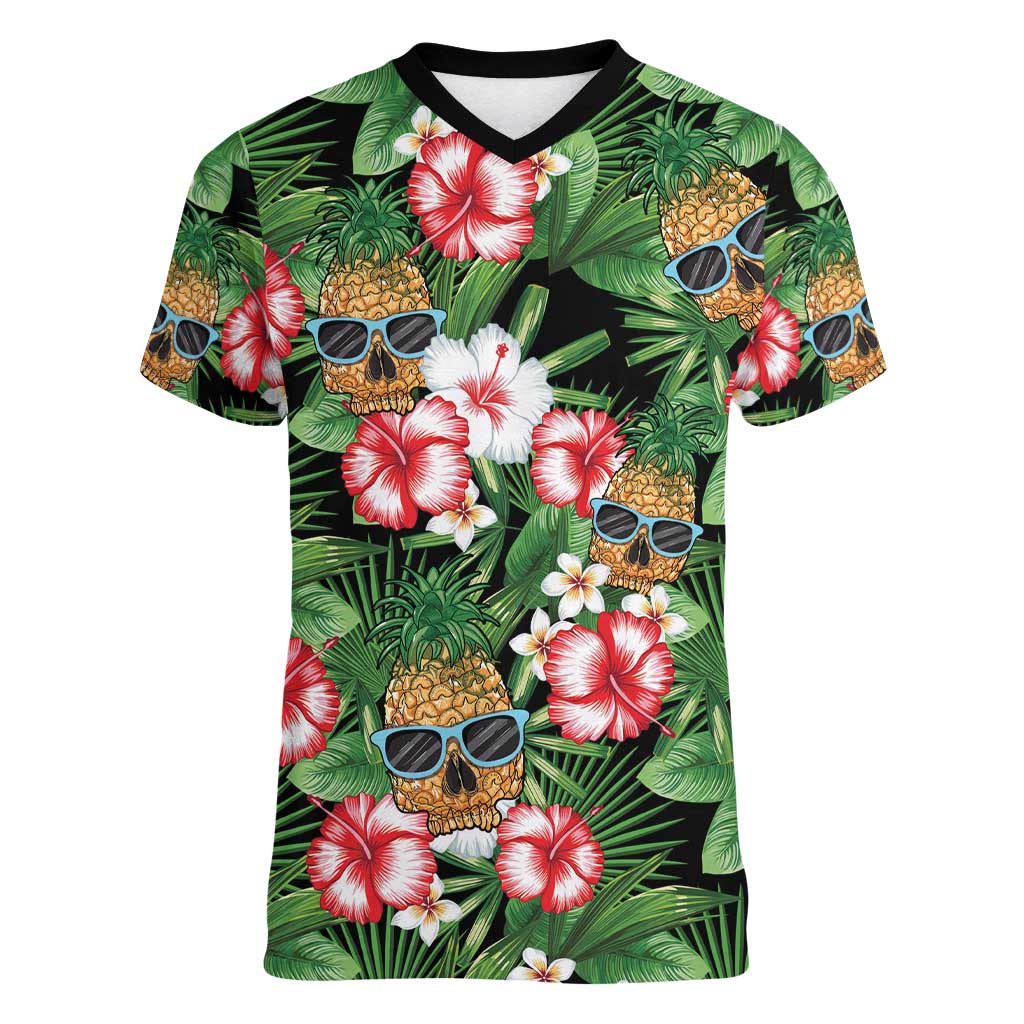 Pineapple Skull Aloha Hawaii Women V-Neck T-Shirt Summer Vibes Tropical Seamless Pattern - Polynesian Pride