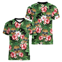 Pineapple Skull Aloha Hawaii Women V-Neck T-Shirt Summer Vibes Tropical Seamless Pattern - Polynesian Pride