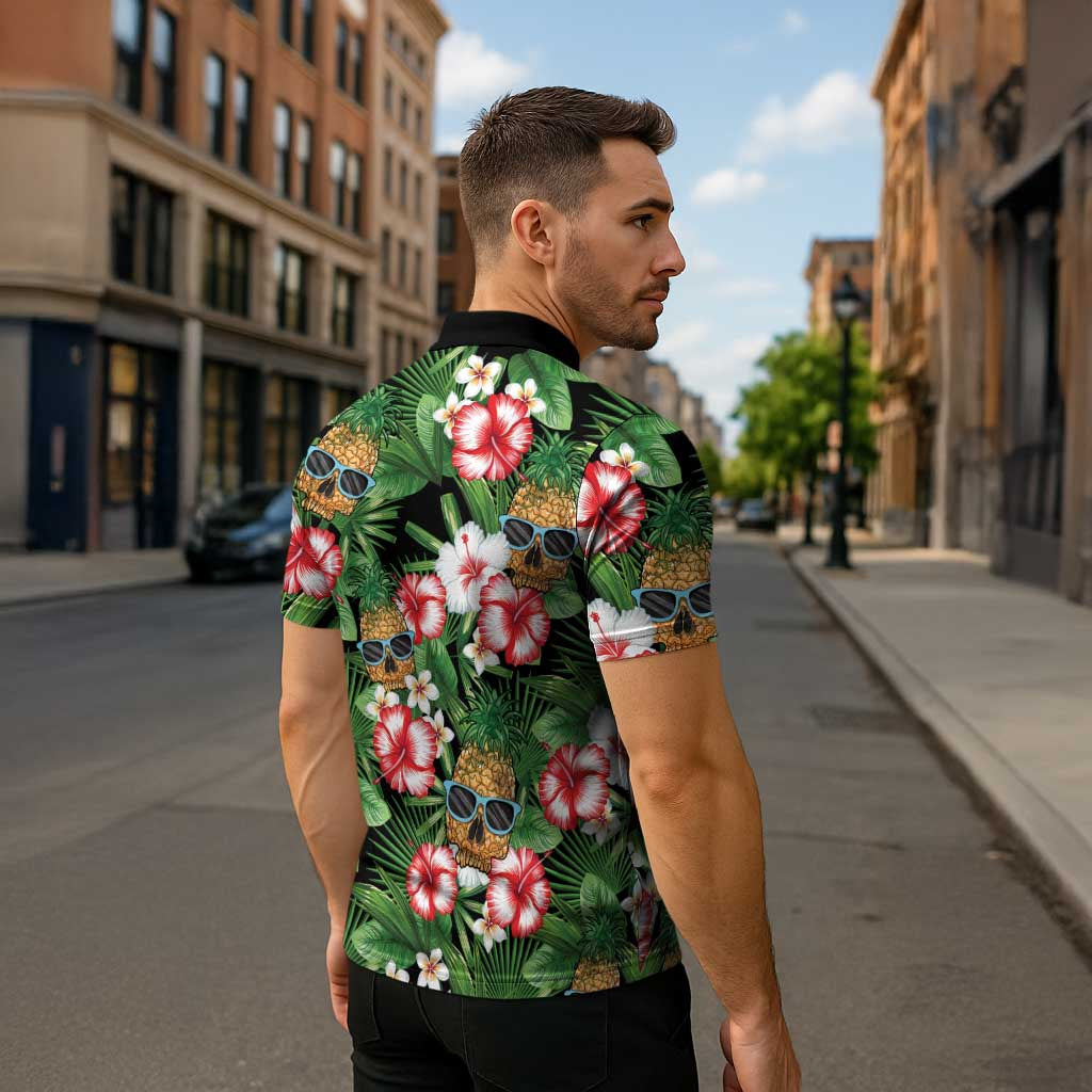 Pineapple Skull Aloha Hawaii Zipper Polo Shirt Summer Vibes Tropical Seamless Pattern - Polynesian Pride