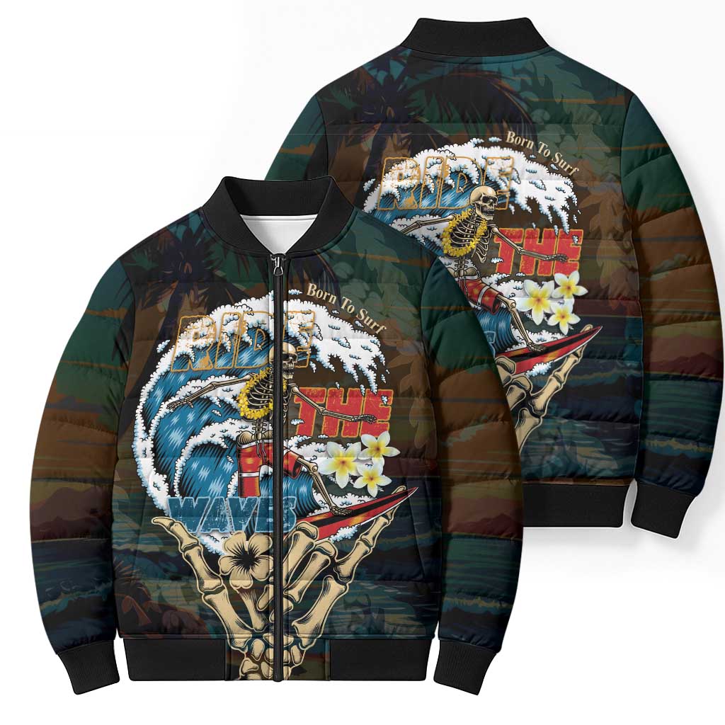 Aloha Hawaii Surfing Skull Bomber Puffer Jacket Shaka Skeleton Ride The Waves - Polynesian Pride