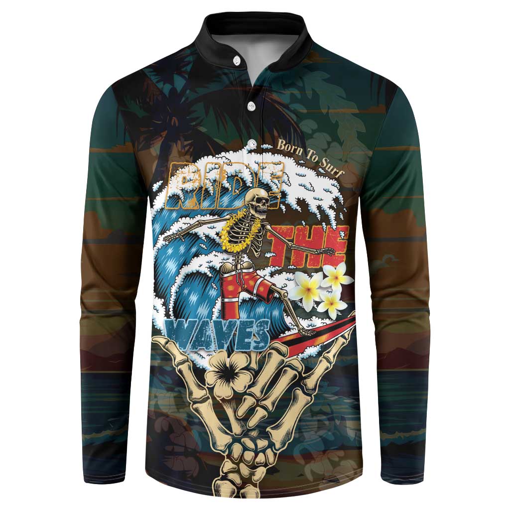 Aloha Hawaii Surfing Skull Button Sweatshirt Shaka Skeleton Ride The Waves - Polynesian Pride