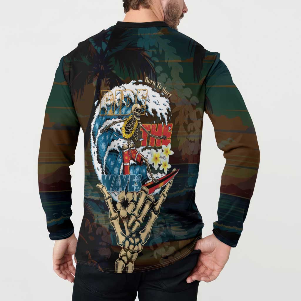 Aloha Hawaii Surfing Skull Button Sweatshirt Shaka Skeleton Ride The Waves - Polynesian Pride