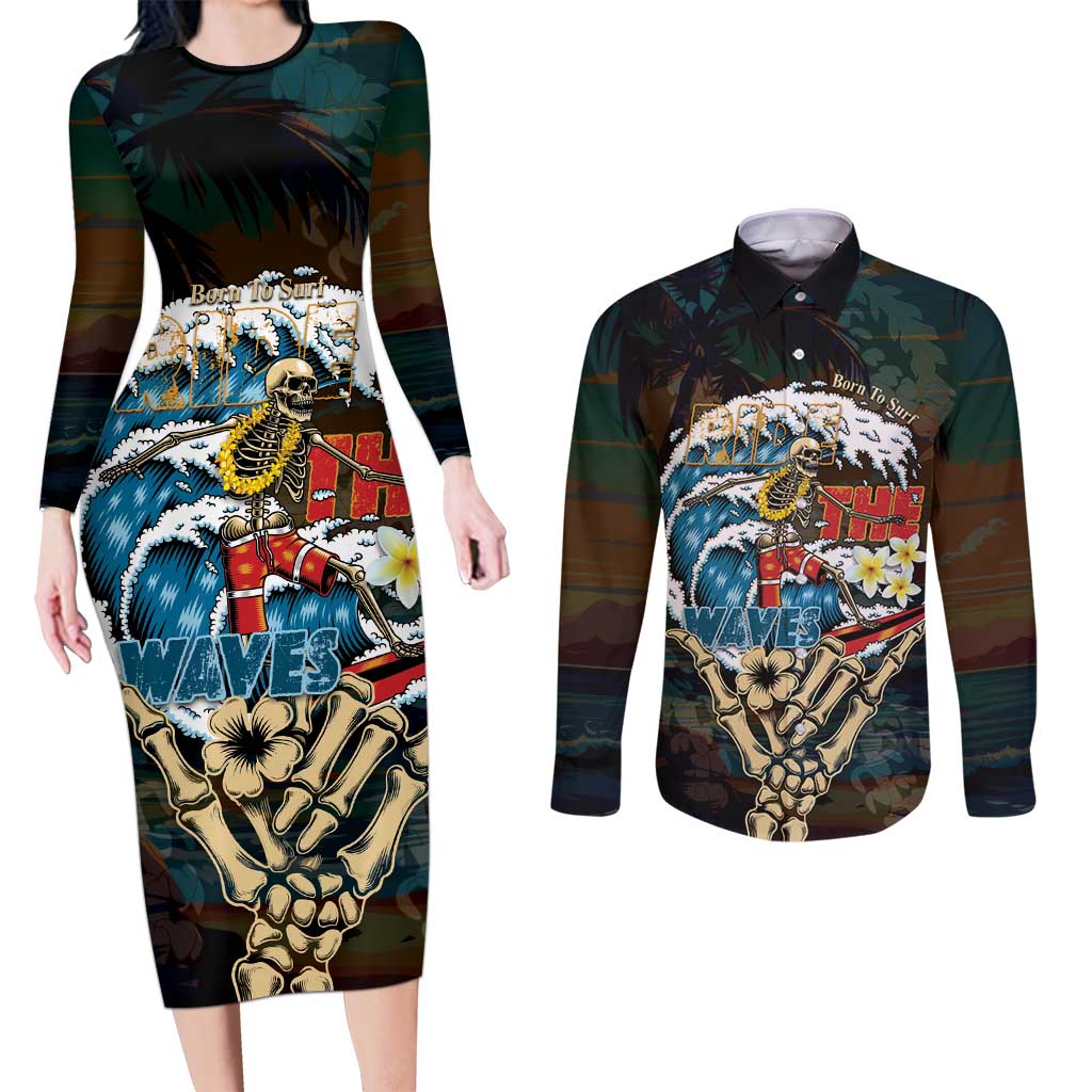 Aloha Hawaii Surfing Skull Couples Matching Long Sleeve Bodycon Dress and Long Sleeve Button Shirt Shaka Skeleton Ride The Waves - Polynesian Pride