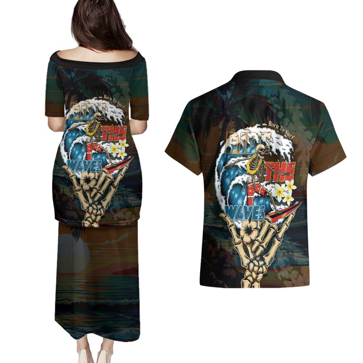 Aloha Hawaii Surfing Skull Couples Matching Puletasi and Hawaiian Shirt Shaka Skeleton Ride The Waves - Polynesian Pride