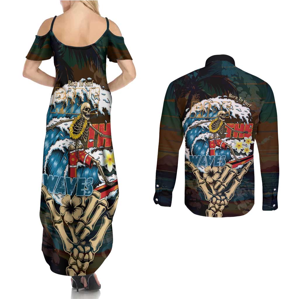 Aloha Hawaii Surfing Skull Couples Matching Summer Maxi Dress and Long Sleeve Button Shirt Shaka Skeleton Ride The Waves - Polynesian Pride