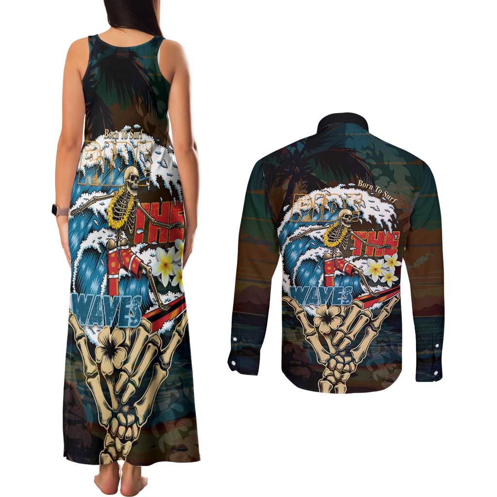 Aloha Hawaii Surfing Skull Couples Matching Tank Maxi Dress and Long Sleeve Button Shirt Shaka Skeleton Ride The Waves - Polynesian Pride