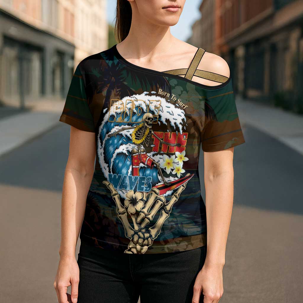 Aloha Hawaii Surfing Skull Cross Shoulder Shirt Shaka Skeleton Ride The Waves - Polynesian Pride